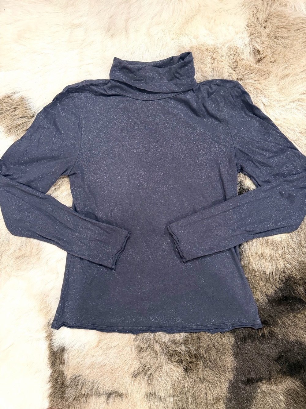 Anthropologie Navy Blue w Silver Sparkles Turtleneck Top small cotton viscose
